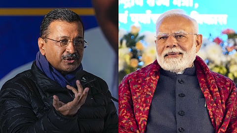 (L) AAP National Convenor Arvind Kejriwal holds a press conference in New Delhi on Friday; (R) PM Narendra Modi during the inauguration ceremony of various developmental projects in New Delhi on Friday.