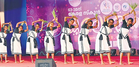 Students of GMRS, Kaniyambetta, Wayanad, perform ‘Paniya nritham’ at the 63rd State School Arts Festival in Thiruvananthapuram on Sunday 