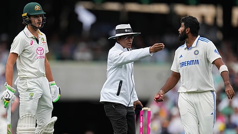 India's Jasprit Bumrah, right, exchanges words with Australia's Sam Konstas, left, during play on the first day of the fifth cricket test between India and Australia at the Sydney Cricket Ground, in Sydney, Australia, Friday, Jan. 3, 2025.