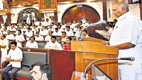 Speaker M Appavu reading the Tamil version of the governor’s address.