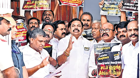 AIADMK leader Edappadi K Palaniswami talking to reporters.