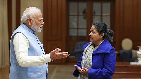 Sharmistha Mukherjee, daughter of former president Pranab Mukherjee with prime Minister Narendra Modi. 
