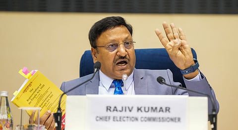 Chief Election Commissioner Rajiv Kumar addresses a press conference for the announcement of the schedule for the Delhi Assembly elections, in New Delhi, Tuesday, Jan. 7, 2025. 