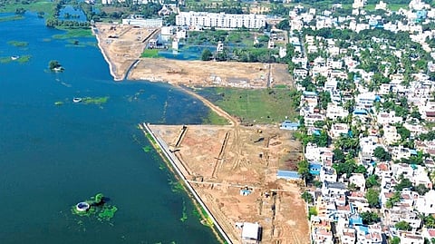 Aerial view of the Madambakkam Lake 