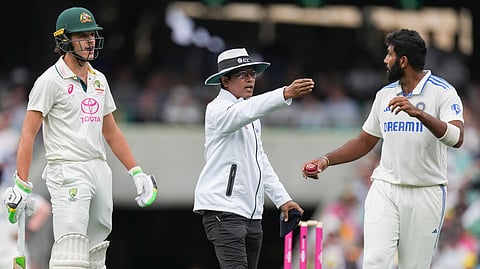 India's Jasprit Bumrah, right exchanges words with Australia's Sam Konstas, left, during play on the first day of the fifth cricket test between India and Australia at the SCG, in Sydney, Australia, Friday, Jan. 3, 2025. 