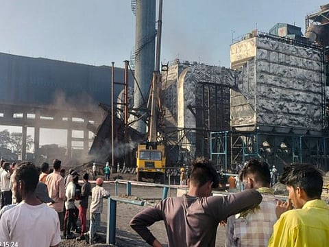 Rescue operations underway to save labourers trapped under the debris after a silo structure collapsed at an iron factory in Mungeli, Chhattisgarh.