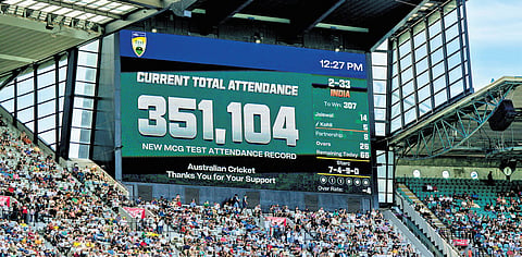 The scoreboard shows the official attendance on the last day of the 4th Test between Australia and India at the MCG 