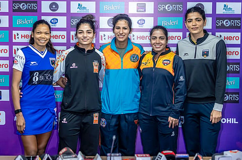 Salima Tete (extreme left) with other captains of the Women's Hockey League teams in Ranchi 