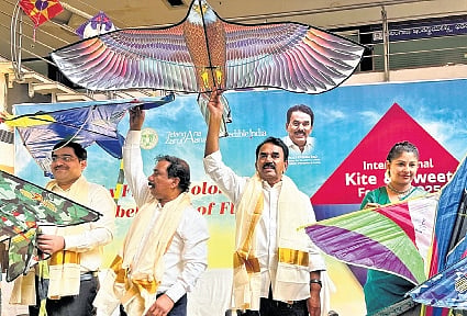 Tourism Minister Jupally Krishna Rao and officials seen at the press conference on International Kite and Sweet Festival 2025 in Hyderabad on Saturday