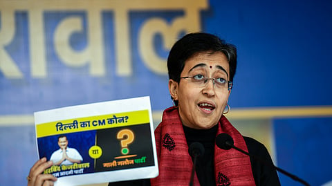 Delhi Chief Minister Atishi addresses a press conference ahead of state assembly Elections, in New Delhi on Friday. 