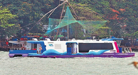 Water metro sailing through the Kochi backwaters - Express Photo by T P Sooraj. [Kerala, Water Metro, Kochi Water Metro]