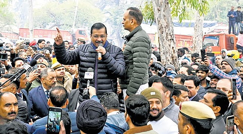 AAP chief Arvind Kejriwal interacts with people at Shakur Basti 