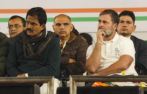  Leader of the Opposition in the Lok Sabha and Congress leader Rahul Gandhi with party leader KC Venugopal