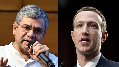 Union minister Ashwini Vaishnaw (L) Facebook founder Mark Zuckerberg 
