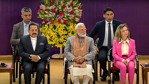 Prime Minister Narendra Modi with MoS Jitendra Singh during 150th Foundation Day celebrations of India Meteorological Department, in New Delhi.