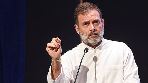 Congress leader and LoP in the Lok Sabha Rahul Gandhi addresses party leaders after the inauguration of the new All India Congress Committee (AICC) headquarters 'Indira Bhawan', in New Delhi.