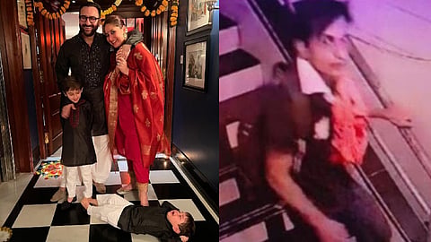 Actor Saif Ali Khan with his wife actress Kareena Kapoor Khan and two sons ( L),  A CCTV screengrab of the alleged attacker (R)