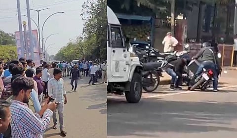 Witnesses take videos and pictures of the incident as robbers get ready to flee with the cash bag after killing a person and injuring another at Bidar on Thursday.