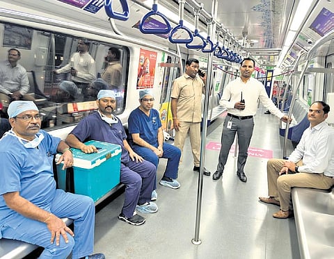 Medical professionals carry the heart of a donor from Kamineni Hospital, LB Nagar  to Gleneagles Global Hospital at Lakdikapul on Friday 