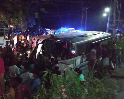 The  tourist bus overturned in Irinchayam near Nedumangad in Thiruvananthapuram on Friday night.