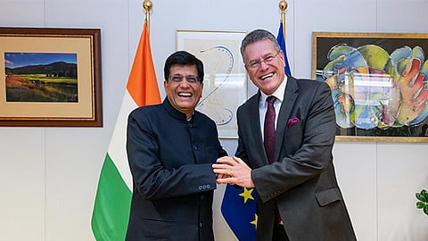 Piyush Goyal holds and the European Commissioner for Trade and Economic Security clicked after concluding a high-level dialogue for a India 
