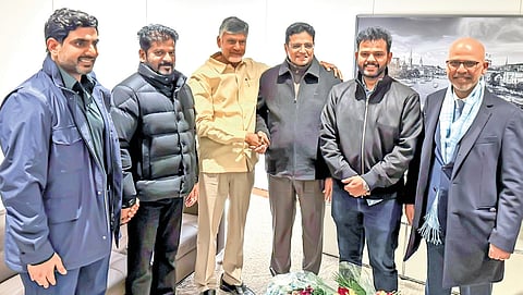 Chief Minister N Chandrababu Naidu, IT Minister Lokesh and Aviation Minister 
K Rammohan Naidu with TG CM Revanth Reddy at Zurich Airport 