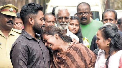 Sharon Raj’s brother Shimon Raj consoles his mother Priya after the verdict is announced 