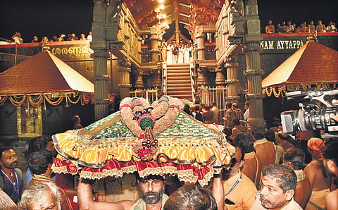The Thiruvabharanam procession leaves from Sabarimala temple for Pandalam Palace on Monday 