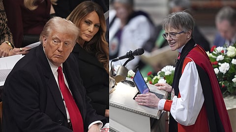 President Donald Trump, left, and first lady Melania Trump attend the national prayer service at the Washington National Cathedral (L), 
 Rev. Mariann Budde leads the national prayer service (R)