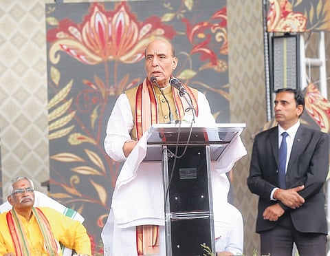 Defence Minister Rajnath Singh inaugurating the Vidyadhiraja Vidyapeetom Central and Sainik School at Mavelikkara on Wednesday 