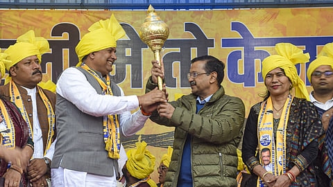 Former Delhi CM and AAP national convener Arvind Kejriwal during a public meeting in support of party candidate from Najafgarh constituency Tarun Yadav for the upcoming Delhi Assembly elections, in New Delhi, Friday, Jan. 24, 2025. 