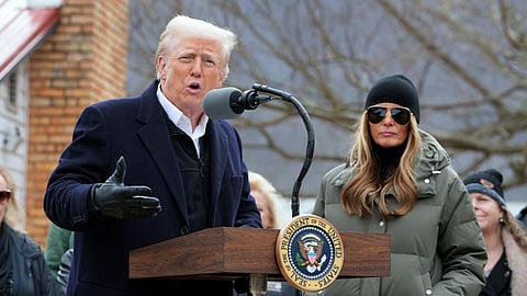 President Donald Trump, along side first lady Melania Trump, speaks as he meets with homeowners affected by Hurricane Helene in Swannanoa, N.C., Friday, Jan. 24, 2025. 