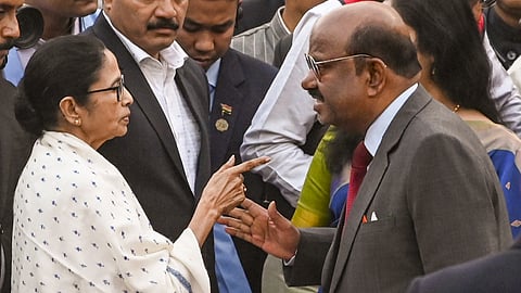  West Bengal Governor C.V. Ananda Bose and Chief Minister Mamata Banerjee during the 'At-Home' reception on the occasion of the 76th Republic Day, at Raj Bhavan, in Kolkata, Sunday, Jan. 26, 2025.