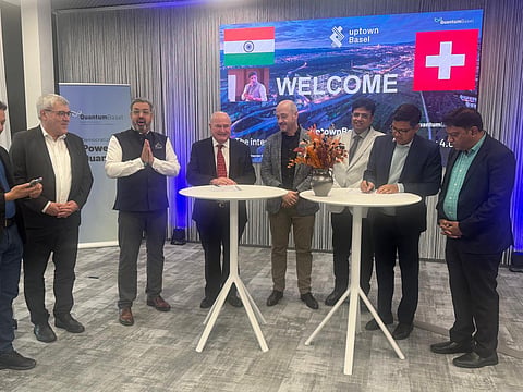 QuantamBasel representatives and IT & Industries Minister D Sridhar Babu sign the letter of intent to set up Indias first quantum hub in Hyderabad, on Sunday