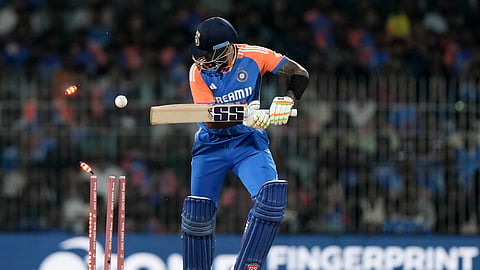 India's captain Suryakumar Yadav is bowled out by England's Brydon Carse during the second T20 cricket match between India and England at M. A. Chidambaram Stadium in Chennai, India, Saturday, Jan. 25, 2025.