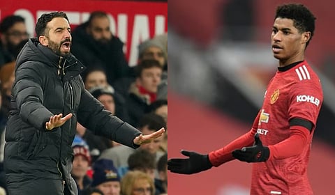 Manchester United manager Ruben Amorim (L) and striker Marcus Rashford 