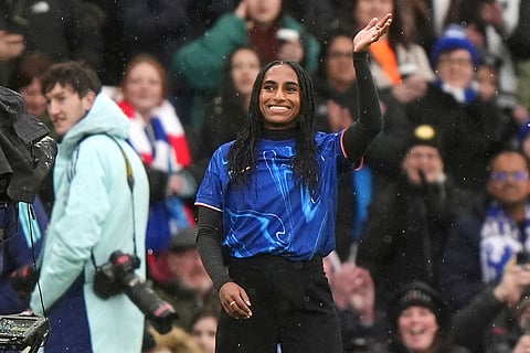 Chelsea new signing Naomi Girma is introduced to the fans ahead of the Women's Super League soccer match between Chelsea Women and Arsenal Women at Stamford Bridge, London, Sunday Jan. 26, 2025. 