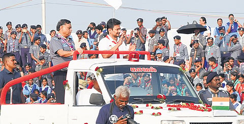 Deputy Chief Minister Udayanidhi Stalin inspecting a parade at the  Diamond Jubilee Jamboree of Bharat Scouts and Guides at Manapparai