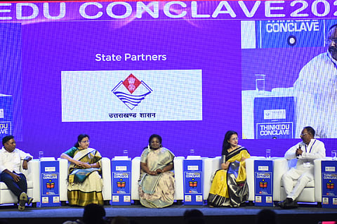 Congress MP Sasikanth Senthil, DMK MP Kanimozhi NVN Somu, BJP leader Tamilisai Soundararajan and AIADMK Deputy Propaganda Secretary Gautami at ThinkEdu 2025 (Photo | Express) 