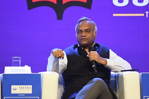 Priyank Kharge, Minister for Electronics, IT/BT and Rural Development & Panchayati Raj, Karnataka, speaking at ThinkEdu Conclave 2025 (Express Photo | Ashwin Prasath)