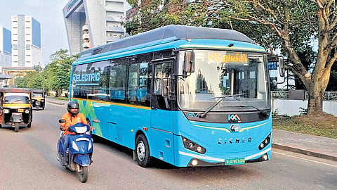 An e-feeder bus on trial run in the Infopark-Kakkanad Water Metro terminal section