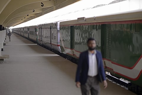 A train is seen parked at a railway station after trains across the country have been canceled as railway workers went on strike for higher pensions and other benefits, in Dhaka, Bangladesh, Tuesday, Jan 28, 2025.
