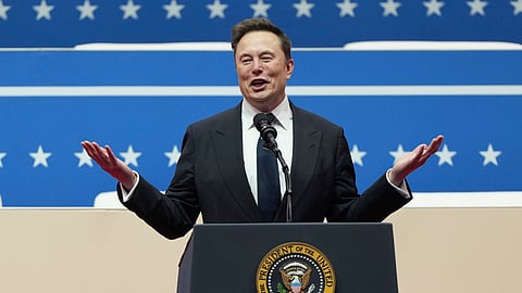 Elon Musk speaks at an indoor Presidential Inauguration parade event in Washington, Jan. 20, 2025.