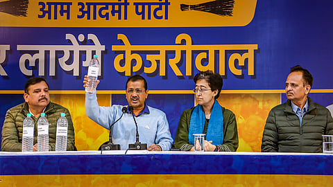 AAP national convener Arvind Kejriwal with Delhi Chief Minister and party leader Atishi, and party leaders Sanjay Singh and Satyendar Jain during a press conference, in New Delhi, Thursday, Jan. 30, 2025. 
