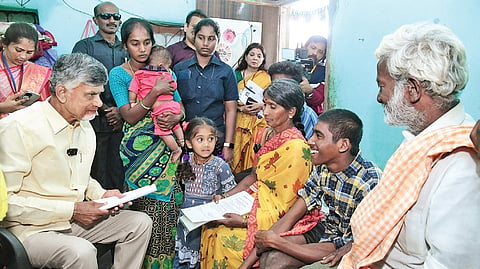 Chief Minister Nara Chandrababu Naidu interacting with people during ‘Pedalaku Sevalo’ programme at Sambepalli in Rayachoti constituency on Saturday 