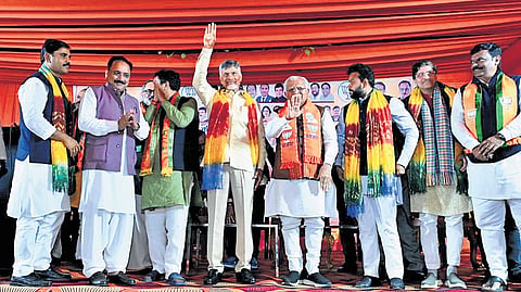 TDP supremo and AP Chief Minister N Chandrababu Naidu campaigning for BJP’s Shahdara Assembly candidate Sanjay Goel | Express