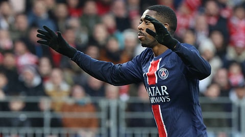 Paris Saint-Germain's French forward Ousmane Dembele celebrates after scoring a goal during the French L1 football match between Brest and PSG at Stade Francis-Le Ble in Brest, western France, on February 1, 2025. 
