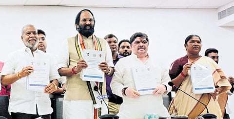 Ministers present the caste survey report to the media at the Secretariat in Hyderabad on Sunday