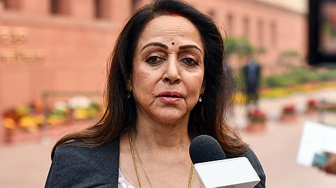 BJP MP Hema Malini speaks to the media at Parliament House in New Delhi.
