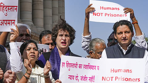 Congress MPs Priyanka Gandhi Vadra and Deepender Singh Hooda at a protest against the deportation of Indian immigrants from the US, at Parliament House complex during the Budget session, in New Delhi, Thursday, Feb. 6, 2025. 